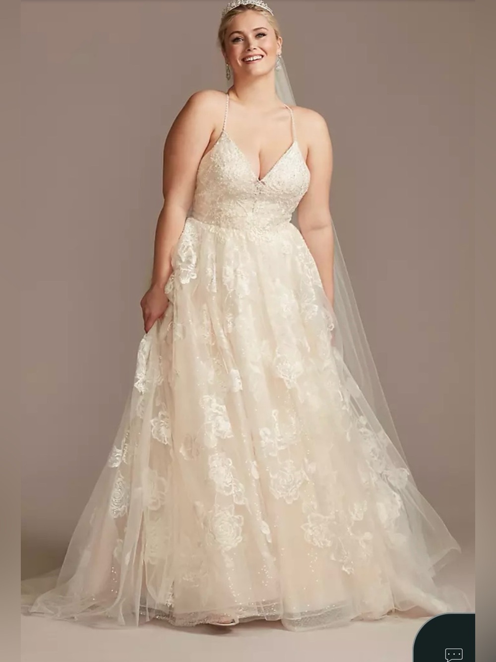 Oleg Cassini Ivory Lace A-Line Bridal Dress with Pearl Spaghetti Straps